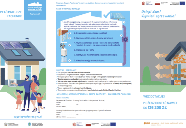 Ulotka informacyjna programu "Czyste Powietrze" – dowiedz się, jak uzyskać dofinansowanie na wymianę źródła ciepła, termomodernizację budynku i&nbsp;poprawę jakości powietrza w&nbsp;Twoim regionie.