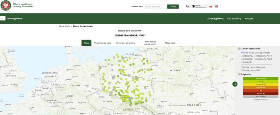 Portal jakość powietrza pokazuje dane bieżące w&nbsp;module „Current”, ponieważ system aktualizuje wyniki pomiarów co godzinę. Użytkownik widzi mapę Polski z&nbsp;oznaczeniem stacji oraz kolorem indeksu, natomiast po kliknięciu otrzymuje szczegółowe wartości stężeń.
