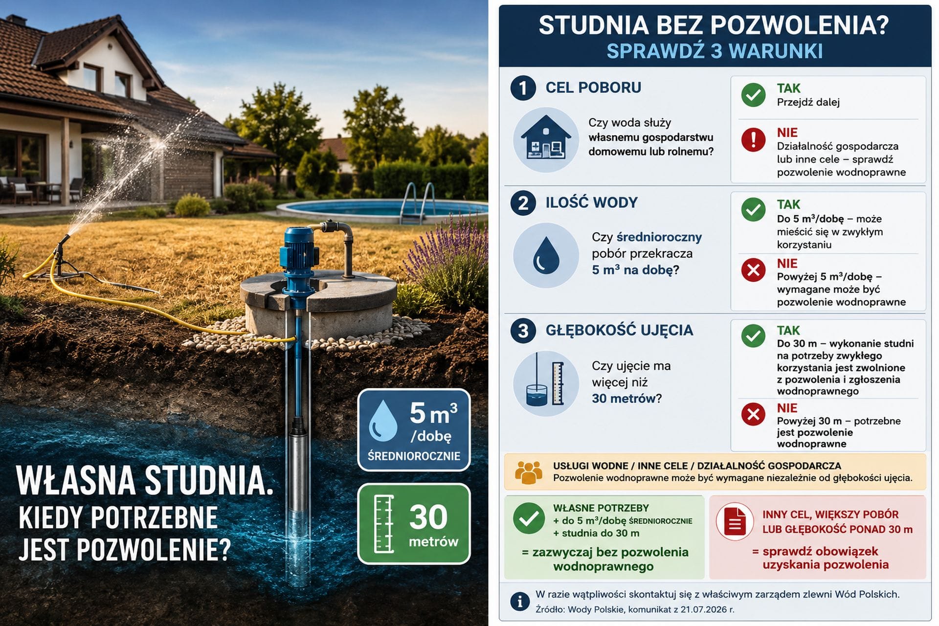 Infografika przedstawiająca trzy warunki korzystania z własnej studni bez pozwolenia wodnoprawnego: cel poboru, limit 5 m³ wody na dobę średniorocznie oraz głębokość ujęcia do 30 metrów.