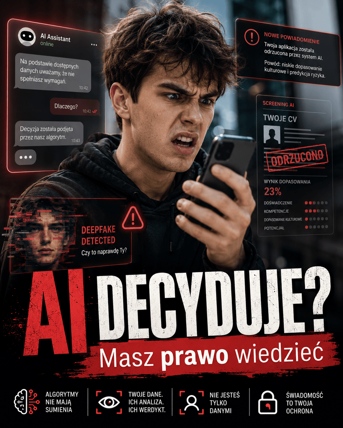 Młody mężczyzna reaguje na decyzję algorytmu AI dotyczącą CV, chatbota i deepfake’u