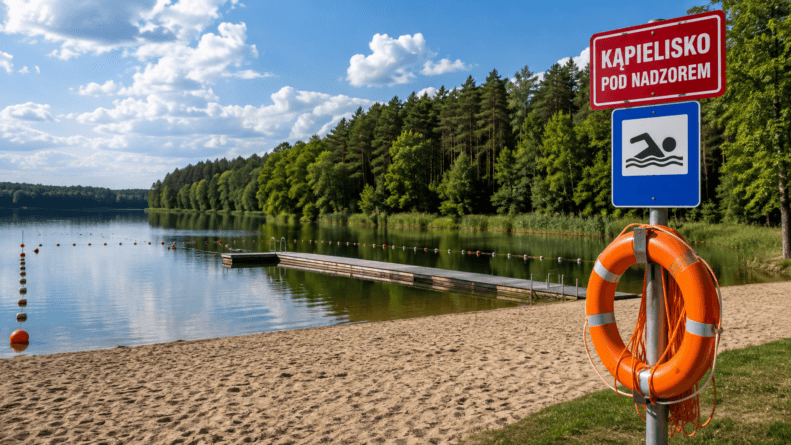 Kąpielisko miejskie zabezpieczone przez ratowników wodnych podczas letniego dnia.