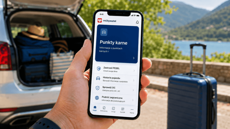 Dłoń trzymająca smartfon z aplikacją mObywatel i usługą Punkty karne na tle samochodu oraz wakacyjnego bagażu.