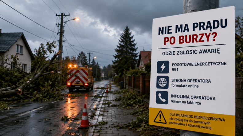 Zerwana linia energetyczna po burzy przy miejskiej ulicy.