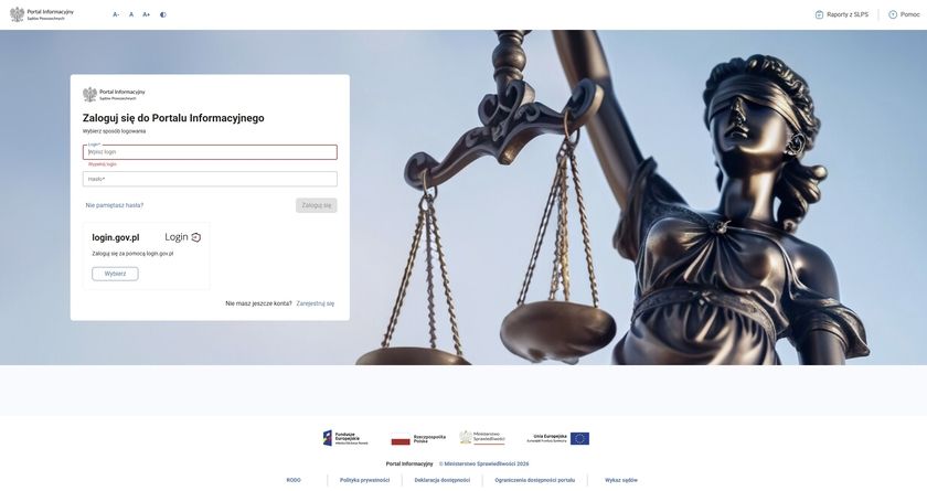 Zrzut ekranu przedstawiający stronę logowania do Portalu Informacyjnego Sądów Powszechnych. Po lewej stronie widoczne jest białe okno z formularzem logowania (pola na login i hasło oraz opcja logowania przez login.gov.pl), natomiast po prawej stronie znajduje się zdjęcie przedstawiające posąg Temidy trzymającej wagę sprawiedliwości. W dolnej części strony umieszczone są logotypy Funduszy Europejskich, Rzeczypospolitej Polskiej, Ministerstwa Sprawiedliwości oraz Unii Europejskiej.